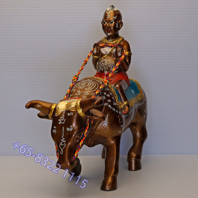 S/n:989 LP Yam 2551 KuManThong Ride Cow Statue 19cm Wat Sam Ngam